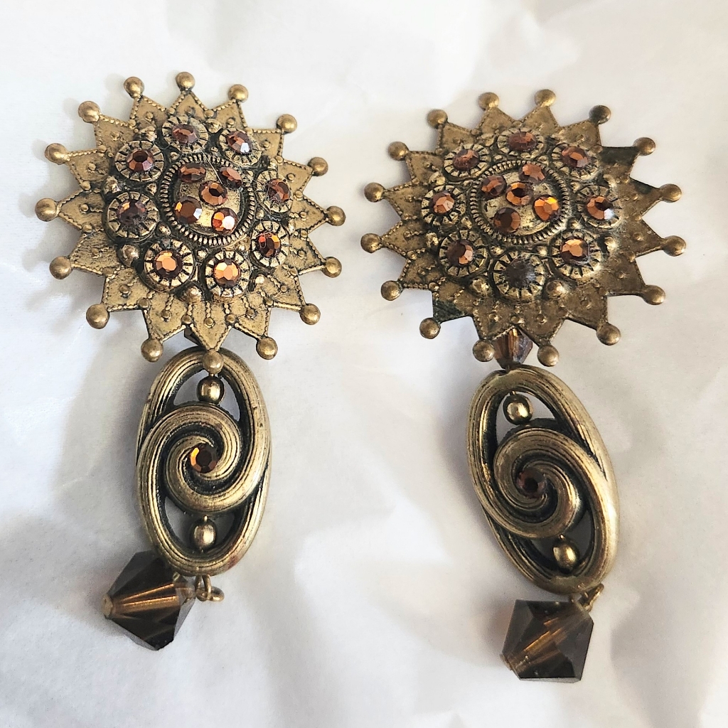 Vtg 1960s Early Les Bernard Dangle Sun Ray Topaz Glass Chunky Clip Earrings 60$